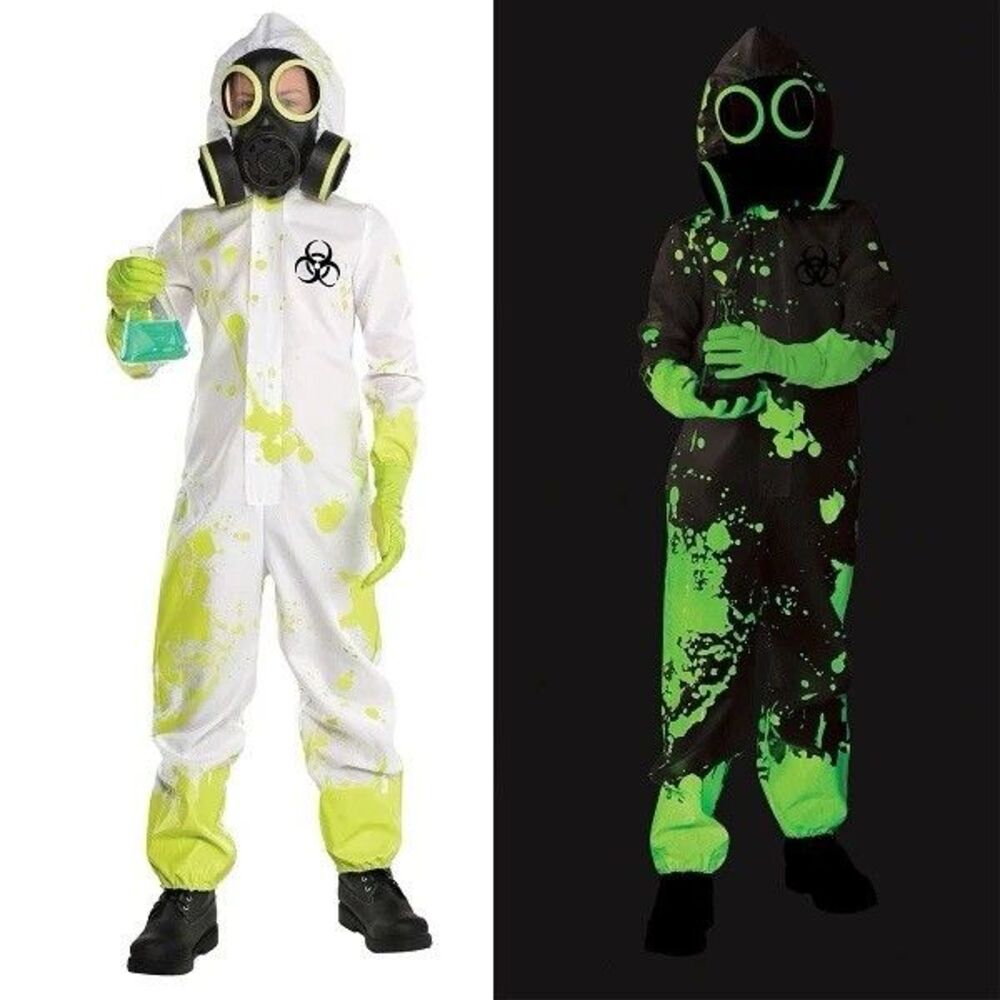Glow in the Dark Hazmat Biohazard Suit Halloween Costume + Mask - Kids XL